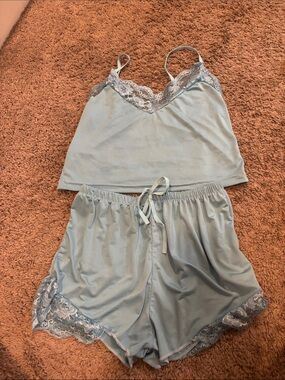 Women's Light Blue Lace-Trim Camisole & Short Sleep Set